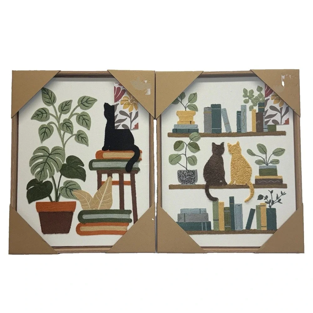 BP Home Woven Embroidered Textile Wall Art Plants Cat Books  15 X 19 Set Of 2